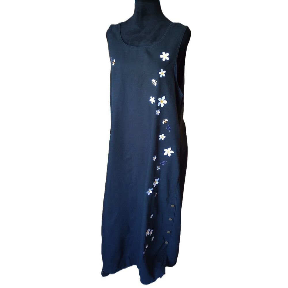 Mandal Bay Women's L Sleeveless Maxi Dress Embroided Daisies/Bumblebees Vtg